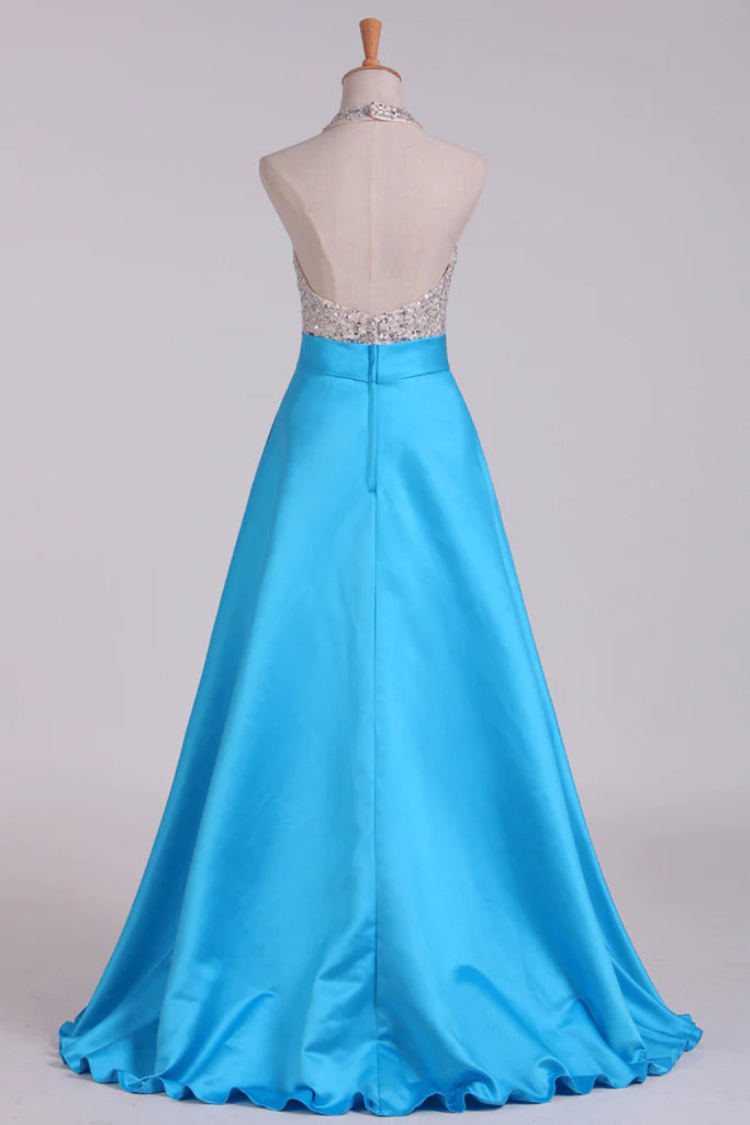 Open Back Halter Beaded Bodice Party Dresses Satin Floor-Length